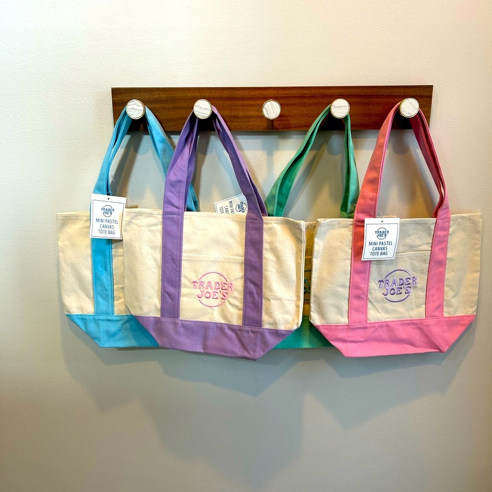 Trader Joe’s pastel totes.  All four colors included